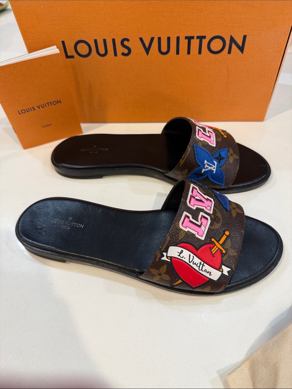 Louis Vuitton Monogram Love Patch Flat Mules Slides Black Brown Multi | Size 38